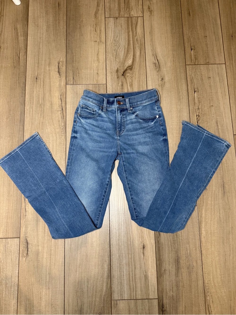 Express Skyscraper 2R Mid Rise Flare Split Hem Women's Boot Cut Jeans - Blue Y2K